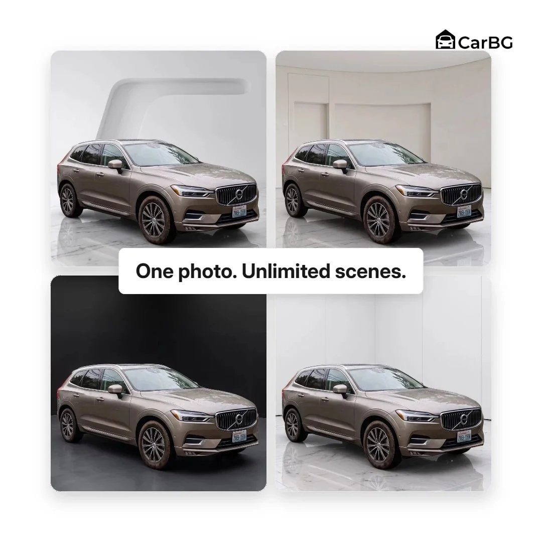 AI car photo backgrounds — one Volvo photo shown in four generated scenes